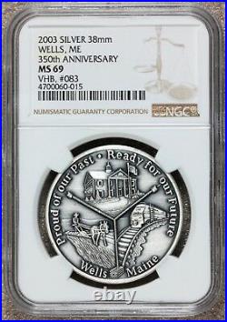 2003 Wells, ME Maine 350th Anniversary Silver Town Medal NGC MS 69 #083