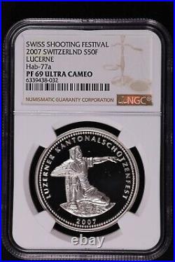 2007 Switzerland Silver 50 Franc Shooting Medal Lucerne Hab-77a NGC PF 69 UC