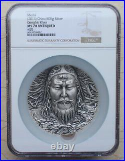 2013 China NGC MS70 Antiqued 508g (508 Grams) Silver Medal Genghis Khan