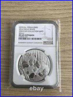 2014 2nd Panda Expo 1 oz Silver Medal NGC MS69 ANTIQUED