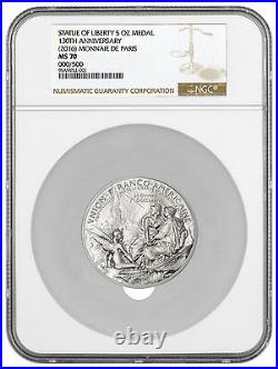 2016 France 5 oz Silver Statue Liberty 150th Commem Medal NGC MS70