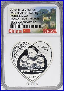 2017 China 30g Silver Mother's Day Panda Heart Medal NGC PF 70 $358.88