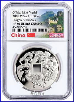 2018 China Dragon & Phoenix 1 oz Silver PF Medal NGC PF70 UC Great Wall SKU52123