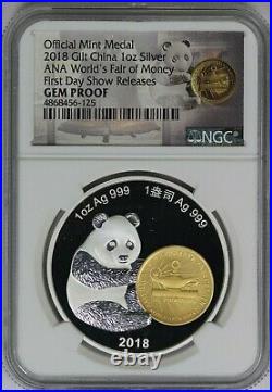 2018 NGC Offical Mint Medal Gilt China Panda 1 oz Silver ANA WFM FDOS GEM Proof