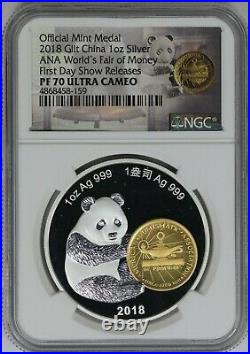 2018 NGC Offical Mint Medal Gilt China Panda 1 oz Silver ANA WFM FDOS PF70 UC