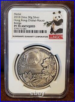 2018 NGC PF 70 China 30g Silver Hong Kong-Zhuhal-Macao Bridge Medal / Antiqued