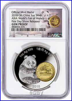 2018 Phil ANA Money Fair Panda 1 oz Gilt Silver Medal NGC GEM PF FDI SKU54558