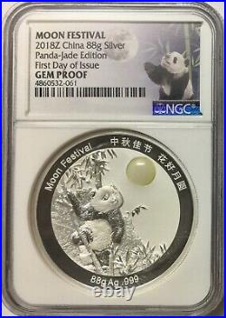 2018-Z China Silver 88g Panda Moon Festival Jade Edition FDI NGC Gem Proof