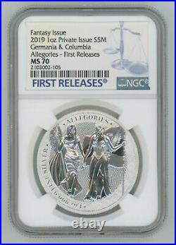 2019 1 oz Silver Allegories Germania & Columbia Medal NGC MS70 First Releases