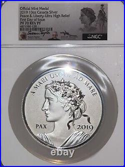 2019 10oz CANADIAN SILVER PEACE&LIBERTY HIGH RELIEF MEDAL NGC REV PF 70 F. D. I