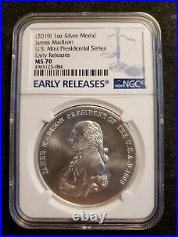 2019 1oz Silver James Madison Medal. NGC Early Release. MS-70. AA10