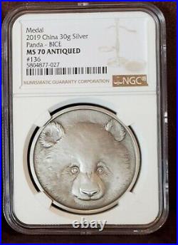 2019 NGC MS 70 China Medals Panda BICE / 30g Silver Antiqued