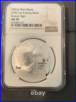 2020 1oz S. Korea Silver Korean Tiger Medal NGC MS70 7K metals Label
