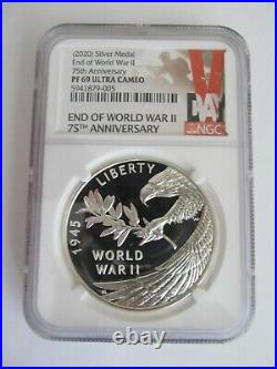 2020 P END of WORLD WAR II 75th ANNIVERSARY 1oz SILVER MEDAL NGC PF69 Ultra Cam
