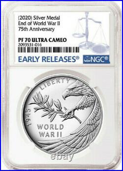 2020 P END of WORLD WAR II 75th ANNIVERSARY 1oz SILVER MEDAL NGC PF70 PRE-SALE
