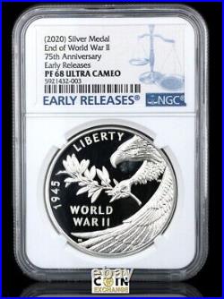 2020 P End of World War 2, WW2 75th Anniversary 1oz Silver Medal NGC PF-68 20XH