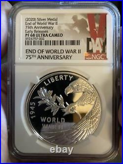 2020 P Ngc Pf68 End Of World War 2 75th Anniversary 1 Oz Silver Medal II Box Coa