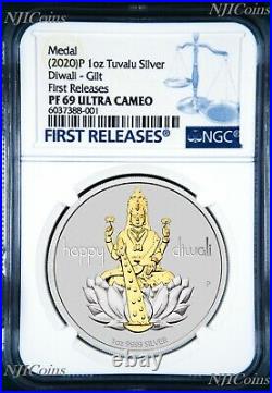 2020 TUVALU Diwali Festival Hindu New Year Gift 1oz Silver Gilt NGC PF69 Medal