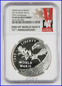 2020 W V75 End of World War II 75th Anniversary 1 Oz Silver Proof Medal NGC PF69