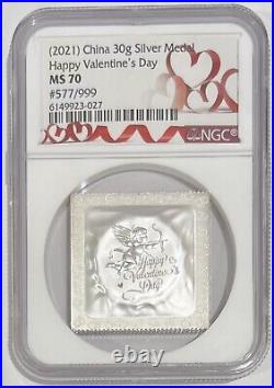 (2021) China 30g Silver Medal MS70 NGC Happy Valentine's Day #577/999 LOC10