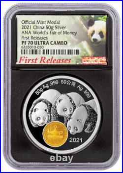 2021 China 50gm Silver ANA Worlds Fair of Money Show Panda Medal NGC PF70 UC FR