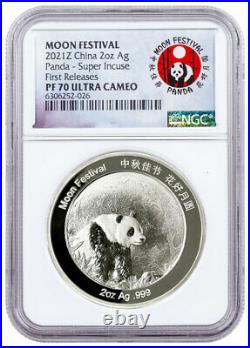 2021 China Moon Festival Panda HR 2 oz Silver Incuse Proof Medal NGC PF70 UC FR