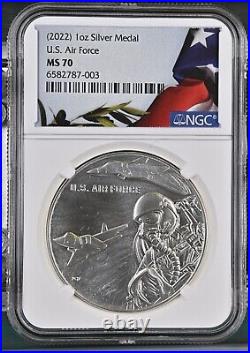 2022 U. S. Air Force 1 oz Silver Medal NGC MS70, US Flag label liberty