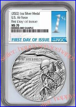2022 US Air Force 1 oz Silver Medal NGC MS70 FIRST DAY OF ISSUE, BLUE %