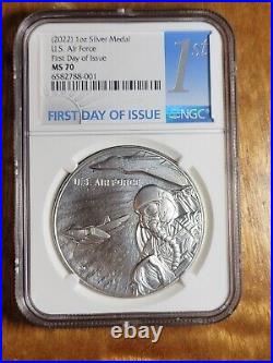 2022 US Air Force 1 oz Silver Medal NGC MS70 FIRST DAY OF ISSUE, FDI BLUE