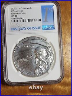 2022 US Air Force 1 oz Silver Medal NGC MS70 FIRST DAY OF ISSUE, FDI BLUE PRES%