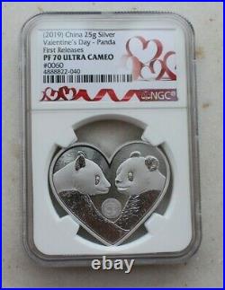 A Pair of NGC PF70 China Valentine's Day Heart Love Panda Medals (Heart Label)