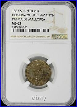 Finest & Only @ Pcgs & Ngc Ms62 1833 Spain Proclamation Medal Herrera-28, Toned