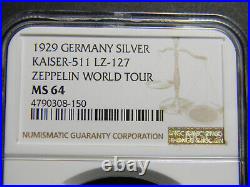 Germany 1929 Silver Zepplin Medal NGC MS 64