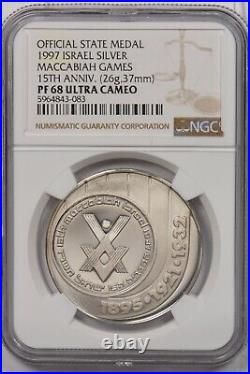 Israel 1997 Medal NGC PF 68UC Silver Official State Medal Silver Maccabiah Games
