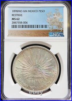 Mexico 1 Peso Mo 1898 A. M. Mexico Mint, Restrike. NGC MS62. KM# 409.2