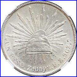 Mexico 1 Peso Zs 1902 F. Z. Zacatecas, NGC MS62. KM# 409.3