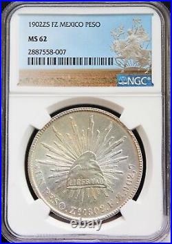 Mexico 1 Peso Zs 1902 F. Z. Zacatecas, NGC MS62. KM# 409.3