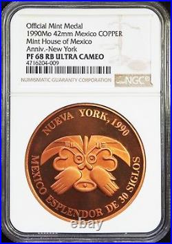 Mexico 1 oz. 1990 Copper Mexican Mint MedalNew York NGC PF68 RB Ultra Cameo