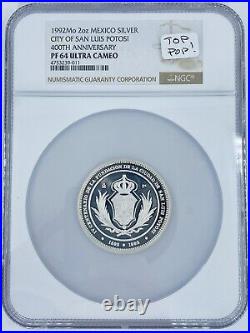 Mexico Silver. 999 Medal Proof Coin 2oz 1992 NGC PF64 UCAM TOP POP Potosi 400th