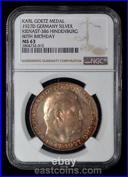 NGC MS 63 1927 Germany Hindenburg 80th Karl Goetz Silver Medal Kienast-386