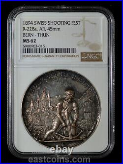 NGC MS62 1894 Switzerland Bern Thun Shooting Fest R-228a Silver Medal. 45mm