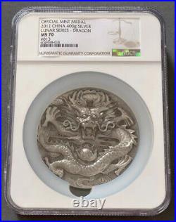 NGC MS70 2012 China 80mm 400g Solid Silver Medal Lunar Series Dragon