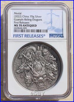 NGC MS70 2022 China 70g Silver Medal Guanyin Bodhisattva Riding Dragons