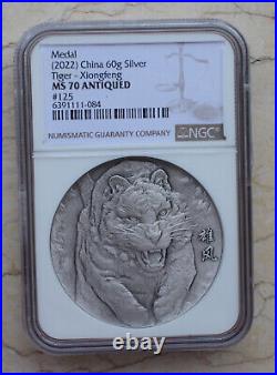 NGC MS70 Antiqued 2022 China 60g Silver Medal Tiger Xiong Feng