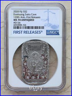 NGC MS70 Antiqued Fiji S$2 2020 Silver 1oz Coin Dunhuang Sutra Cave