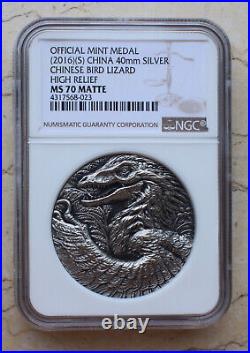 NGC MS70 Matte China 2016 2oz Solid Silver Medal Chinese Bird Lizard
