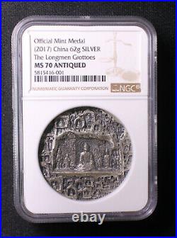 NGC MS70 antiqueChina 2017 62g Silver Chinese Grotto Art Medal- Longmen Grottoes