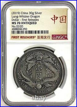 NGC MS70 antiqued 2019 China 30g Long-Whisker Dragon Dollar silver medal