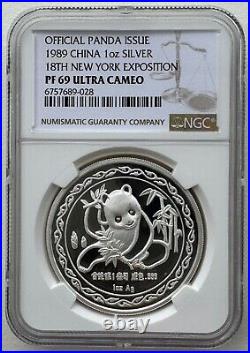 NGC PF69 China 1989 The 18th New York Expo Panda Silver Medal 1oz with COA Box