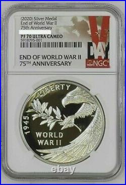 NGC PF70 2020 P End of World War 2 II 75th Anniversary 1oz Silver Medal Eagle 75